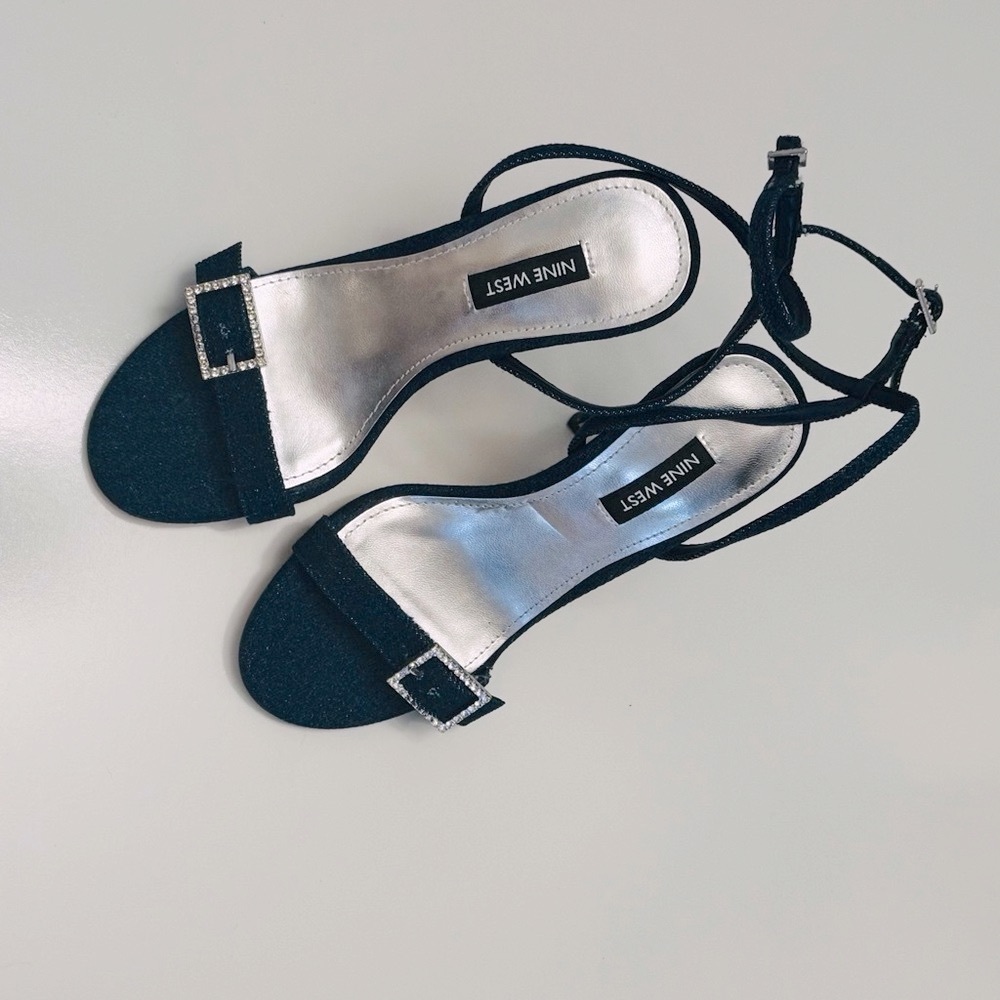 Nine West Dark Blue Jean Strappy Heels with Silver Accents